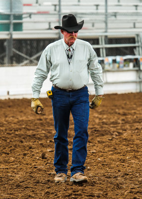 Official checks the rodeo arena for rocks prior to the event