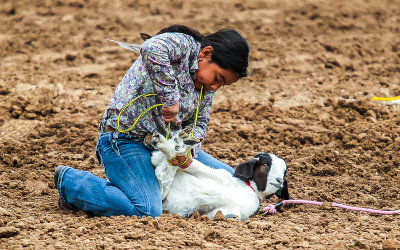 Goat Tie-Down Roper secures her goat with a hooey knot