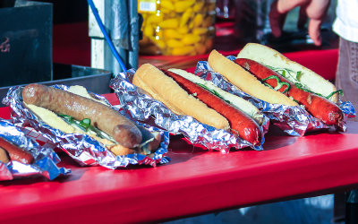 Sausage and hot dogs for sale at the 4th Avenue Street Fair