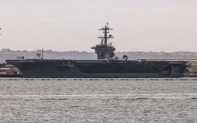 The USS Theodore Roosevelt Nimitz-class aircraft carrier in dock in San Diego