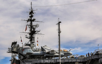 Superstructure of the USS Midway aircraft carrier docked in San Diego
