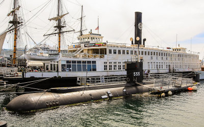 Steam ferryboat Berkeley and the USS Dolphin diesel-electric submarine moored in San Diego