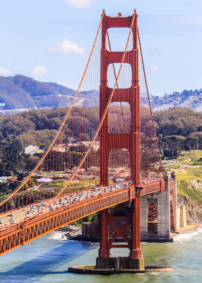 The southern tower of the Golden Gate Bridge from the Marin Headlands in Golden Gate National Recreation Area