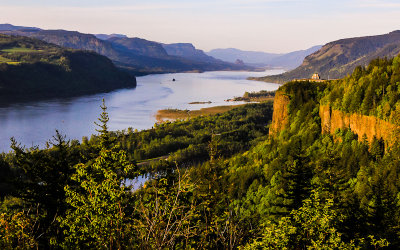 Sunset view of Crown Point and the gorge from Chanticleer Point along the Columbia River Gorge