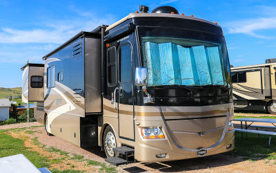 2008 Fleetwood Discovery parked at my first stop in Sundance Wyoming