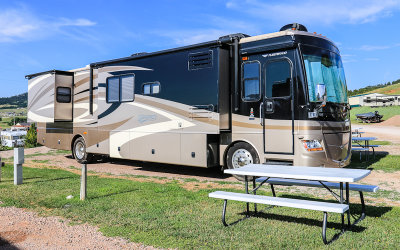 40 foot Fleetwood Discovery parked in Sundance Wyoming