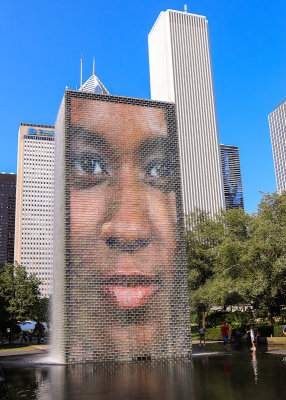 Crown Fountain displaying faces of Chicagoans in Millennium Park in Chicago