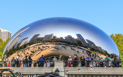 Cloud Gate (a.k.a. The Bean) in Millennium Park from Michigan Avenue in Chicago