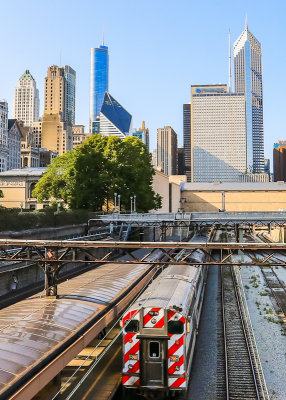 Chicago skyline over a train station in Chicago