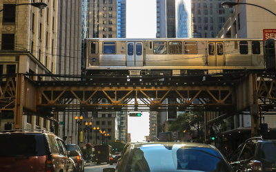 The L over a downtown intersection in Chicago
