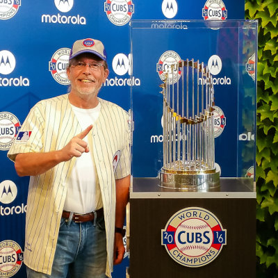 With the Chicago Cubs 2016 World Series Championship Trophy at Wrigley Field