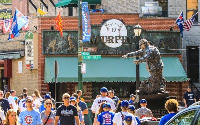 Murphy’s and the Harry Caray statue at the corner of Waveland and Sheffield at Wrigley Field
