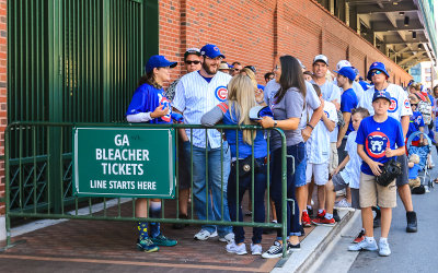 Fans lined up at the entrance to the Sheffield bleachers outside of Wrigley Field