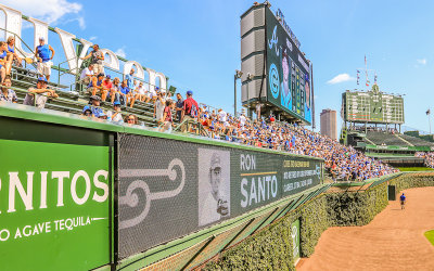 Left field bleachers, big screen and scoreboard at Wrigley Field