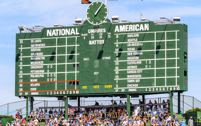 The famous manual scoreboard in center field at Wrigley Field