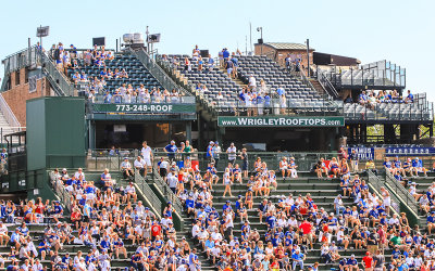Rooftop seating seen over the right field bleachers at Wrigley Field