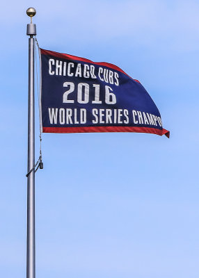 2016 World Series Championship banner flying over Wrigley Field