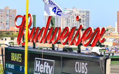 Budweiser sign above the right field bleachers at Wrigley Field