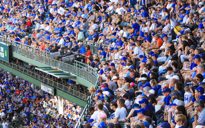 Upper and lower deck seating behind home plate at Wrigley Field