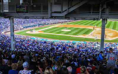 SRO (Standing Room Only) view of play at Wrigley Field