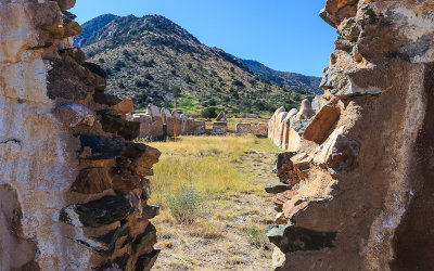 Mount Bowie seen through the ruins of the Cavalry Barracks in Fort Bowie National Historic Site