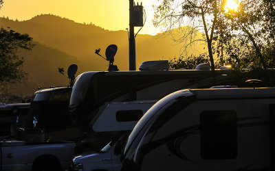 The sun setting on RVs in Marin City RV Park north of San Francisco
