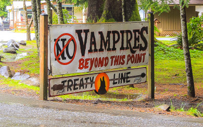 Vampire Treaty Line sign at the intersection of La Push and Mora Road near Forks Washington