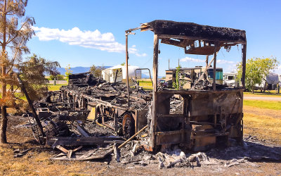 Burned-out remains of my Itasca Meridian RV at the Hot Lake RV Resort near La Grande Oregon