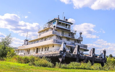 Dry docked tug boat along the Mississippi River in the town of Prairie du Chien Wisconsin