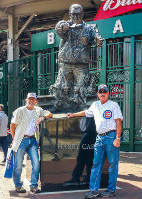 With childhood friend David and Harry Caray statue at Wrigley Field in Chicago