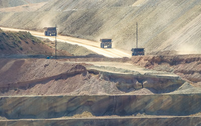 Copper ore trucks in the Santa Rita Copper Mine near Silver City New Mexico