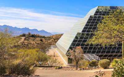 Rainforest enclosure with the Catalina Mountain range in the distance at Biosphere2