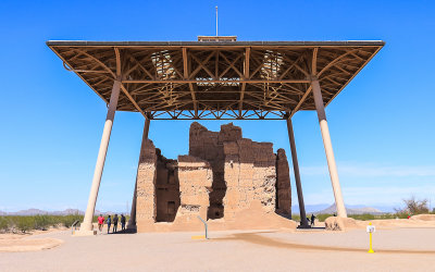 The steel-and-concrete canopy over the Casa Grande ruins in Casa Grande Ruins National Monument