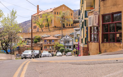 The road winds through the hillside in Jerome Arizona