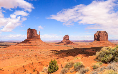 West and East Mitten buttes and Merrick Butte make up the classic view in Monument Valley 