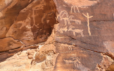 Right side of Large Man petroglyph panel in the Falling Man area in Gold Butte National Monument