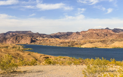 Malpais Flattop Mesa and the Black Mountains over Lake Mohave in Lake Mead National Recreational Area