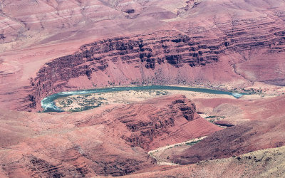 The Colorado River bends through the canyon as seen from Cape Royal in Grand Canyon National Park