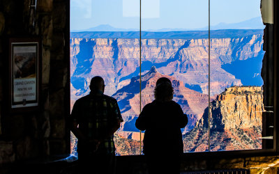 View of Vishnu Temple from inside the North Rim Lodge in Grand Canyon National Park