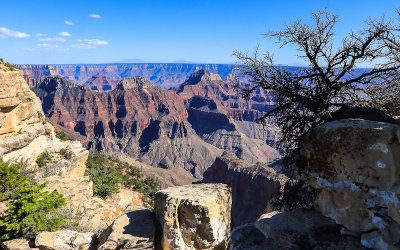 Vishnu Temple in the distance beyond Brahma Temple from along the Bright Angle Point Trail in Grand Canyon National Park