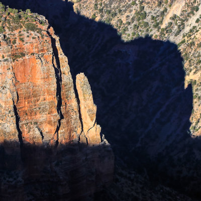 Late afternoon shadows on a freestanding tower in Grand Canyon National Park