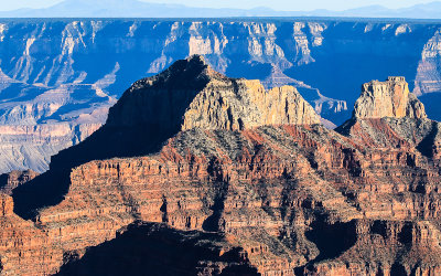 Late afternoon view of Brahma and Zoroaster Temples from Bright Angle Point in Grand Canyon National Park