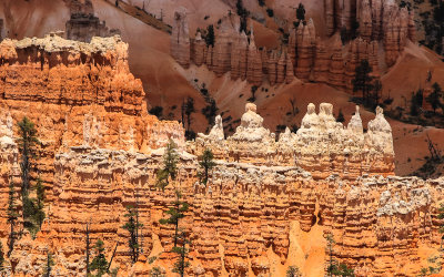 Formations highlighted by the sun in the Bryce Amphitheater in Bryce Canyon National Park