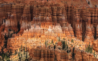 Formations in the Bryce Amphitheater are highlighted by the sun in Bryce Canyon National Park