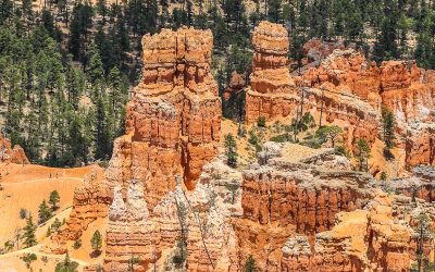 Large eroded formations in the Bryce Amphitheater in Bryce Canyon National Park