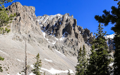 Jagged mountain peaks viewed from along the Glacier Trail in Great Basin National Park