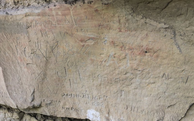 Indian petroglyphs and travelers signatures in Pompeys Pillar National Monument