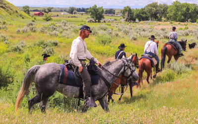 7th Cavalry reenactors head to their camp in Little Bighorn Battlefield National Monument