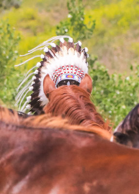 Cheyenne Chief Two Moons looks over the herd of horses at the Real Bird Reenactment Event