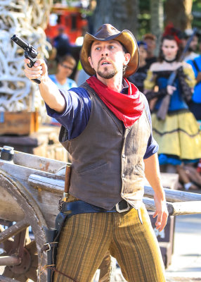 Threatening stance in the Town Square Shootout in Jackson Hole Wyoming